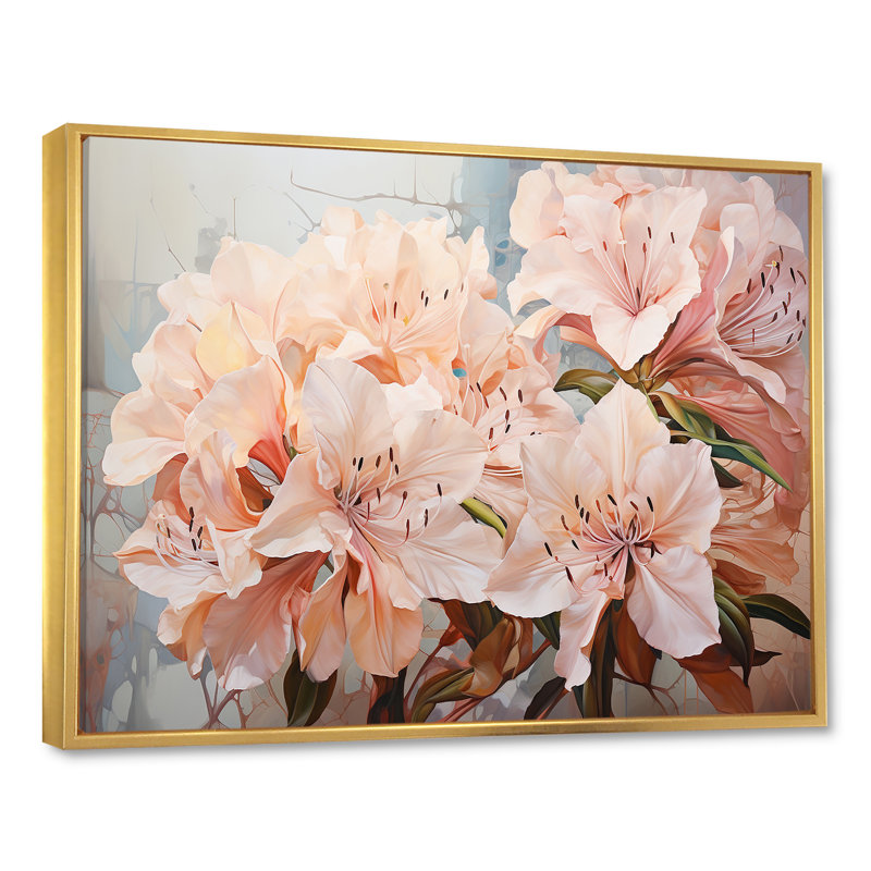 Poème de pétales de rhododendron minimaliste I, Cadre flottant doré, 24" H x 32" W