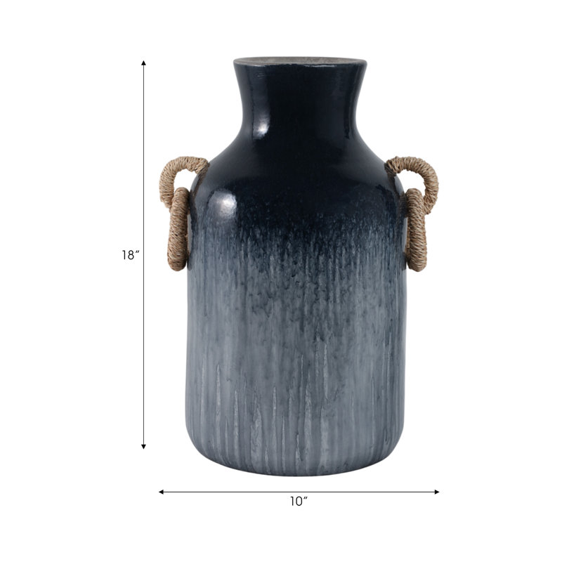 Handmade Pottery/Woven/Clay/Jute Floor Vase, Ombre, Blue, 18"