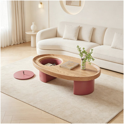 Table basse ovale en bois avec rangement 45,3 po, plateau en noyer avec pieds rouges, table de salon Mid-Century moderne, mobilier d'appoint de style campagnard pour grands espaces, assemblage facile