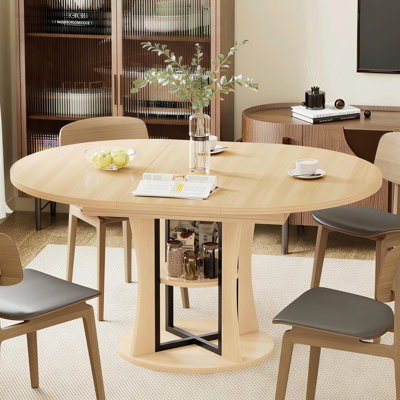 44‘’ Extendable Dining Table for 4-8 People, Round Dining Table with Scratch-Resistant MDF, Modern Kitchen Table with Noiseless Sliding & Storage, Dining Room Table, Natural