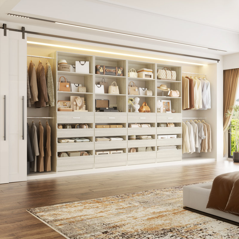 85.2"-462.8" Closet System With Drawers And Rods, Beige