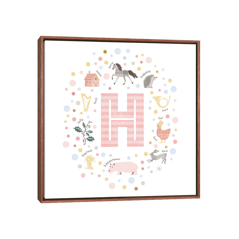 Lettre illustrée H rose - impression, Pas de tapis, Toile avec cadre brun, H 37 po x l 37 po x P 1,5 po