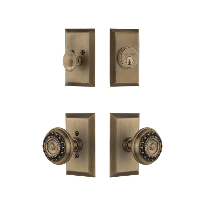 Nostalgic Warehouse Studio Entry Set with Meadows Knob in Antique Brass, Antique Brass