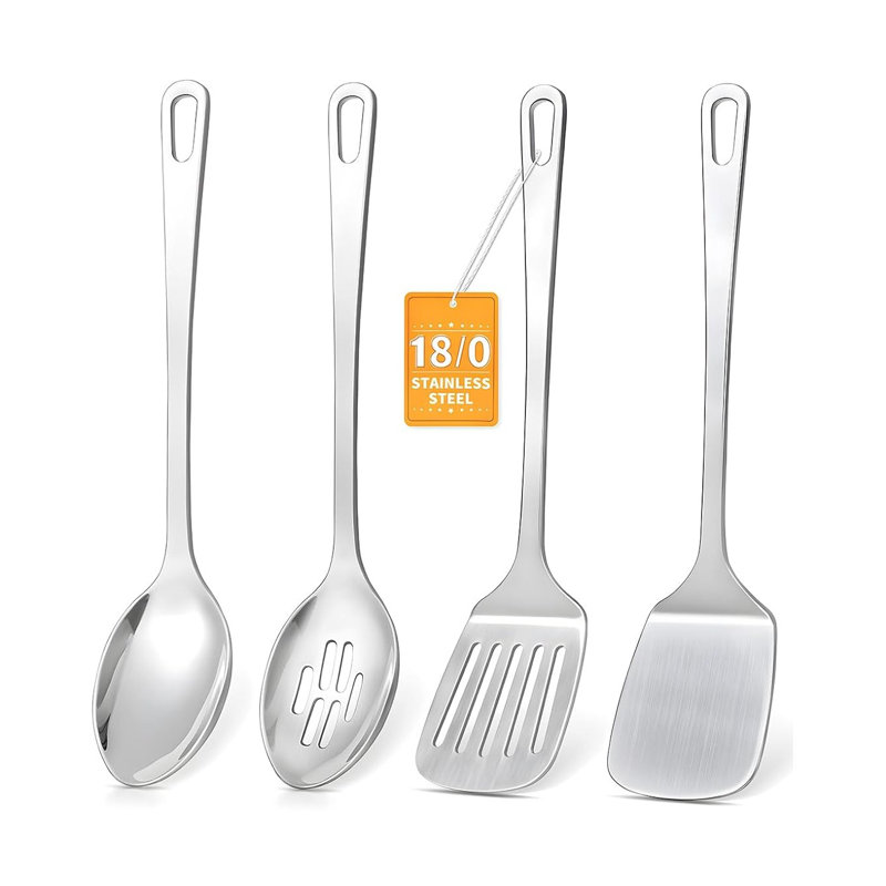 Ensemble de 4 ustensiles de cuisine en acier inoxydable résistant à la chaleur en métal Les ustensiles de cuisine comprennent une cuillère à fente solide et une cuillère de service ergonomique facile à nettoyer argent