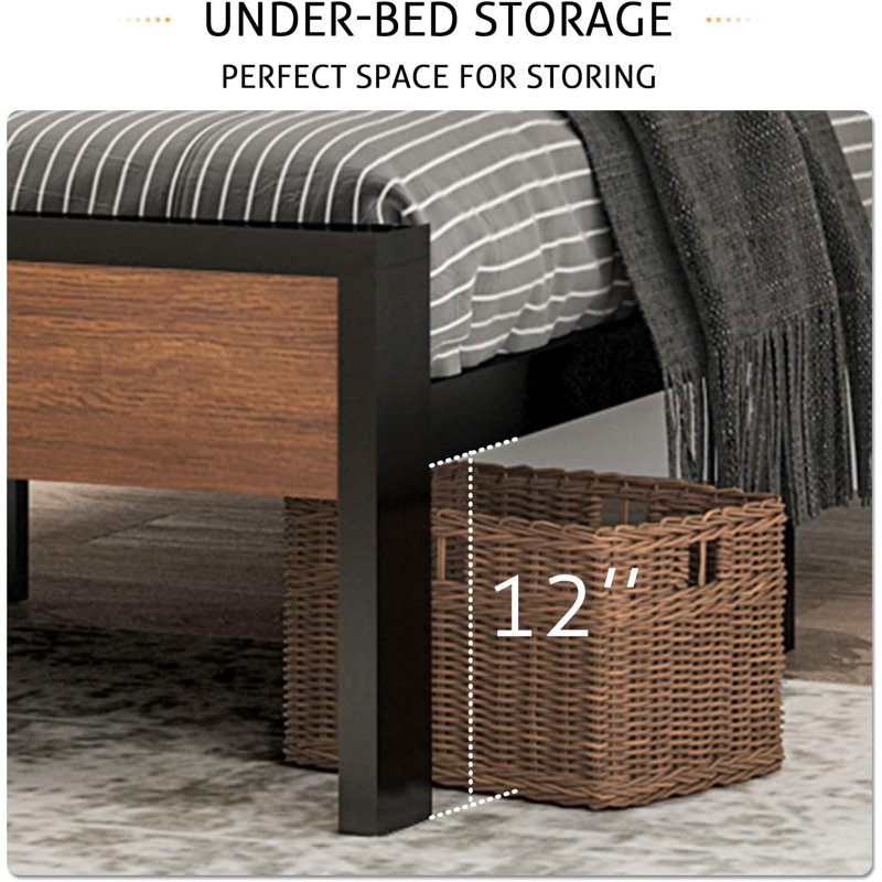 Walnut Queen Metal Platform Bed Frame with Wood Headboard and Footboard