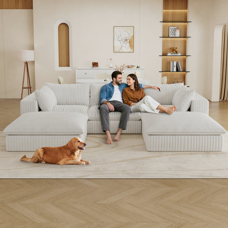 Nuage de velours côtelé à 5 places 118,2 po avec coussin amovible double couche, sans assemblage pour différents espaces, luxe rembourré de plumes, tissu doux et support en éponge, compression à haute densité économique