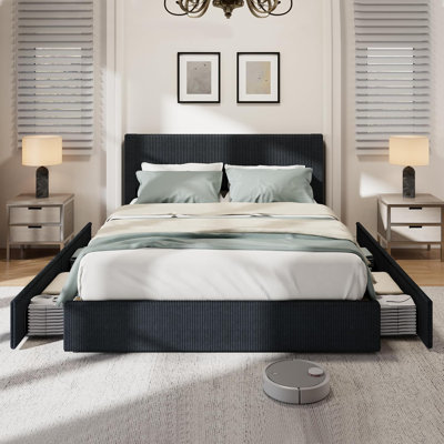 Bed Frame With Tufted Wingback Headboard, Platform Corduroy Upholstered Bed Frame With 4 Storage Drawers And Wooden Slats Support