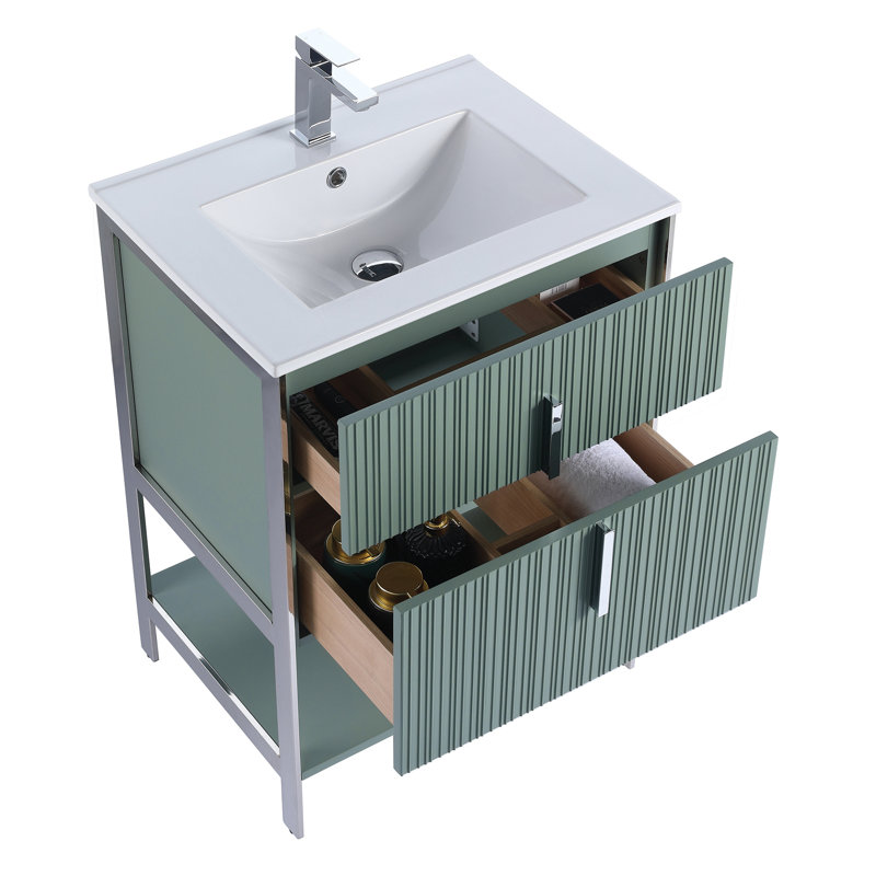  Serenity Modern Bathroom Vanity with White Ceramic Top, Mint Green/Chrome, 24"