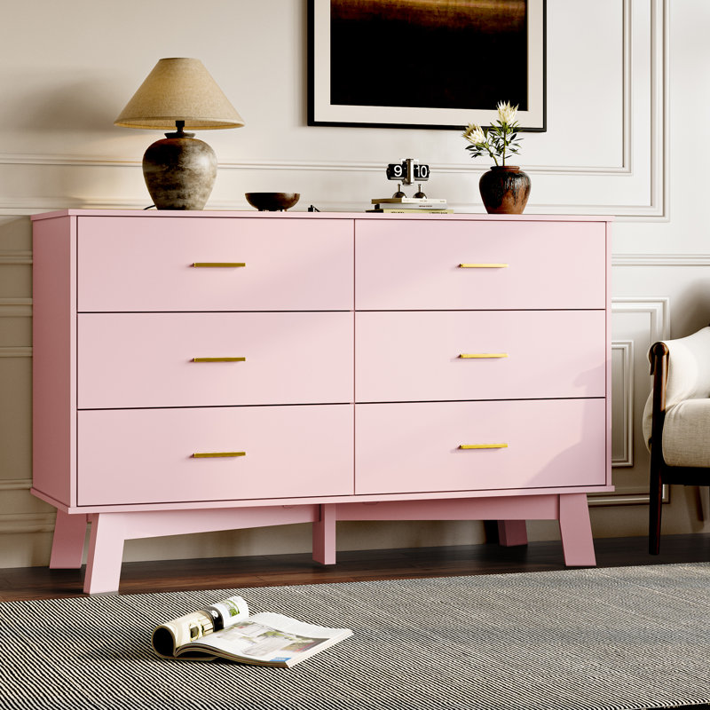 6 -Drawer Double Dresser 47.24''W, Chest Of Drawers With Adjustable Base For Bedroom, Living Room, Pink