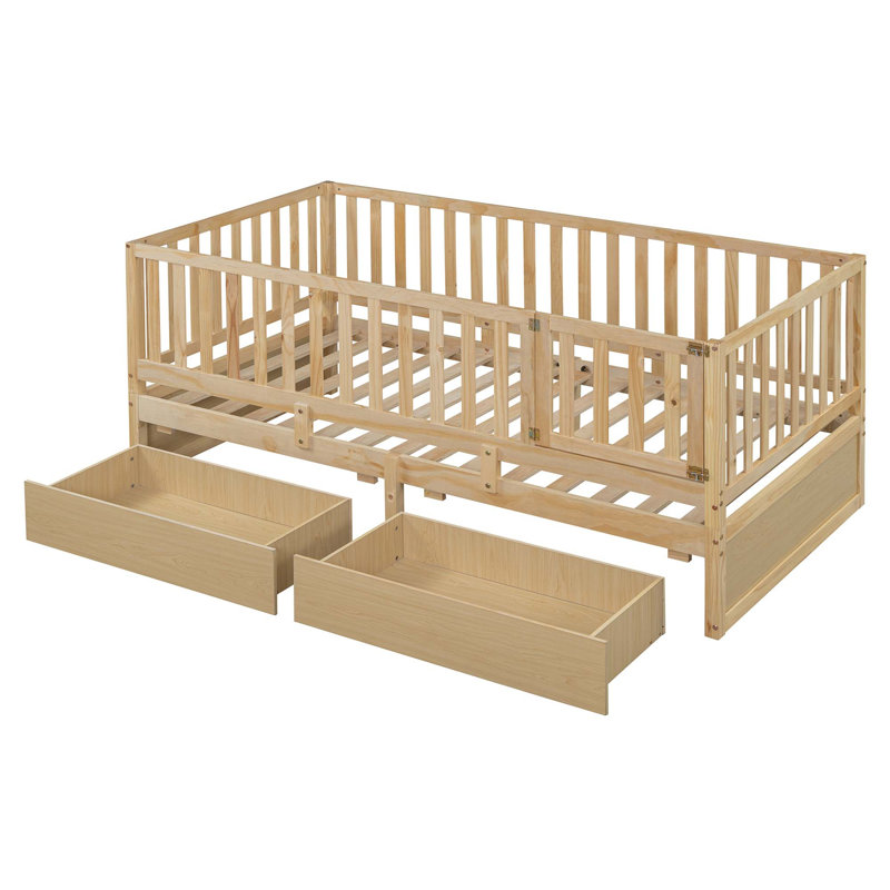 Lit de jour en bois robuste avec garde-corps de clôture et 2 tiroirs, convertible en lit indépendant et lit de jour (matelas non inclus)
