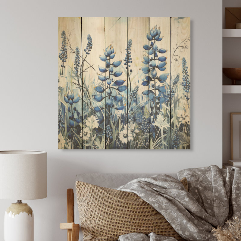 Blue Bonnets Floral Collage I - Blue Bonnets, art mural sur bois de pin naturel, H 36 po x l 36 po