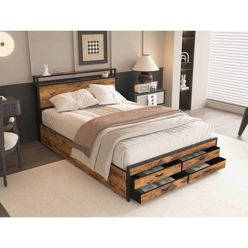 Size Bed Frame With 8 Storage Drawers, LED Headboard With Charging Station, Metal Platform Bed Frame, No Box Spring Needed, Noise-Free, Stable And Solid