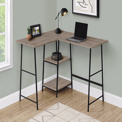 Bureau d'ordinateur, bureau personnel, coin, tablettes de rangement, L 48 po, forme en L, travail, ordinateur portable, stratifié brun, métal noir, contemporain, moderne