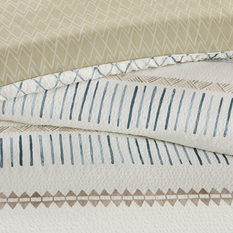 Ensemble d'édredon imprimé 5 pièces avec coussins décoratifs en tissu gaufré taupe / bleu double / grand
