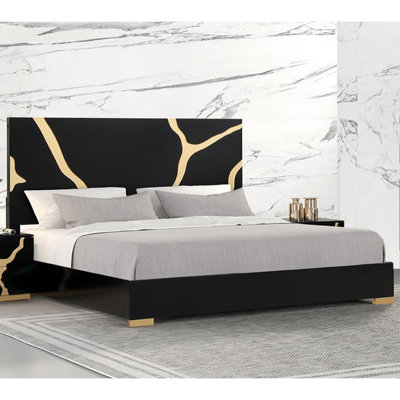 Wooden Bed With Gold-Accented Legs In Black