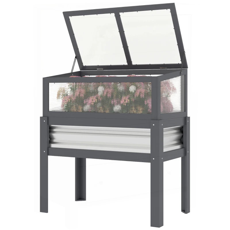 Elevated Planter Box with Flip-Up Cold Frame for All-Season Gardening and Back-Saving Design, Gray