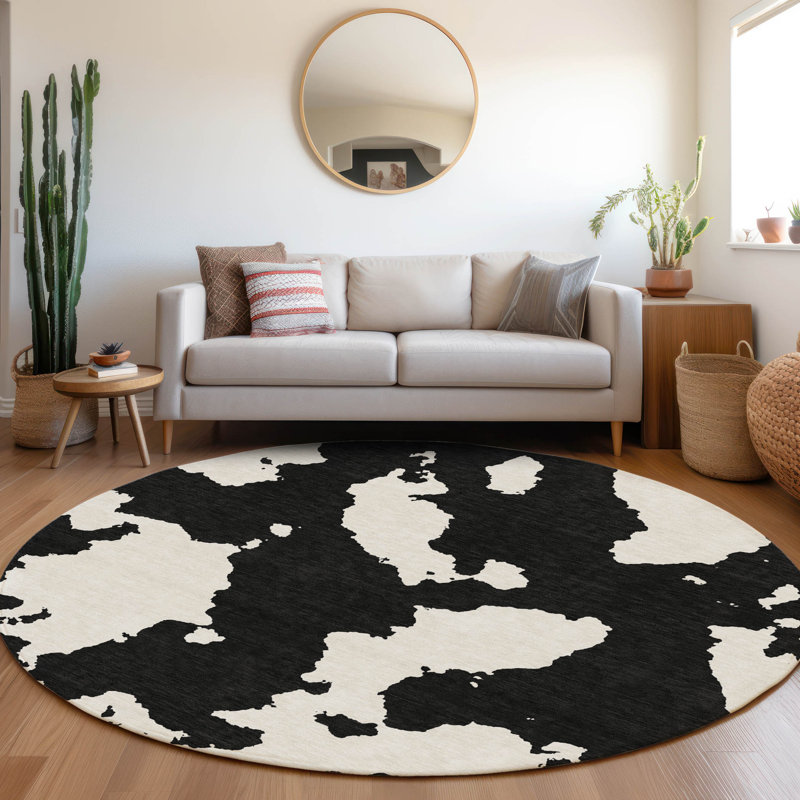 Premium Machine Washable Prisco Black Rug, Round 8'