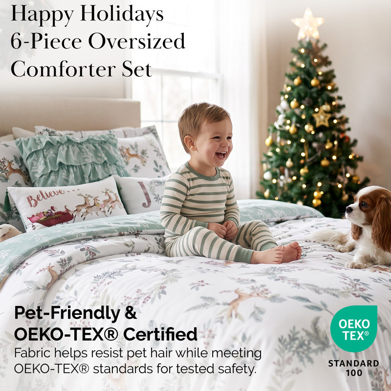 Southshore Fine Linens Happy Holidays Reversible Comforter Bedding Set, 6-Piece, 1 Comforter, 2 King Shams, 2 Throw Pillows and 1 Pillow Cover, King/California King