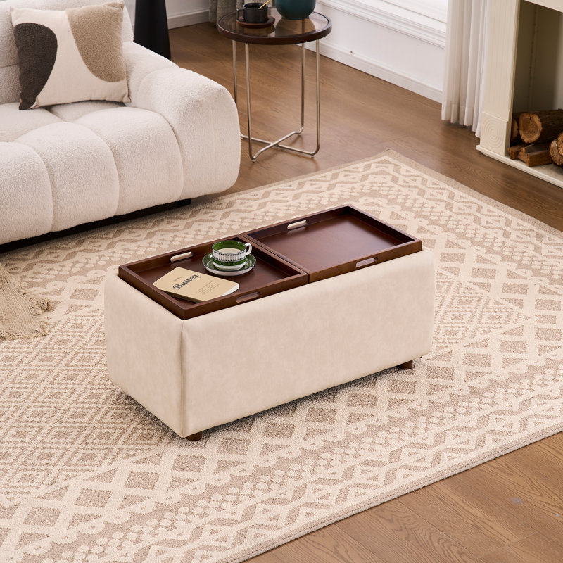 Repose-pieds rectangulaire avec rangement de 35 po avec plateau, table basse avec rangement, grand tabouret rembourré avec plateau amovible pour le salon