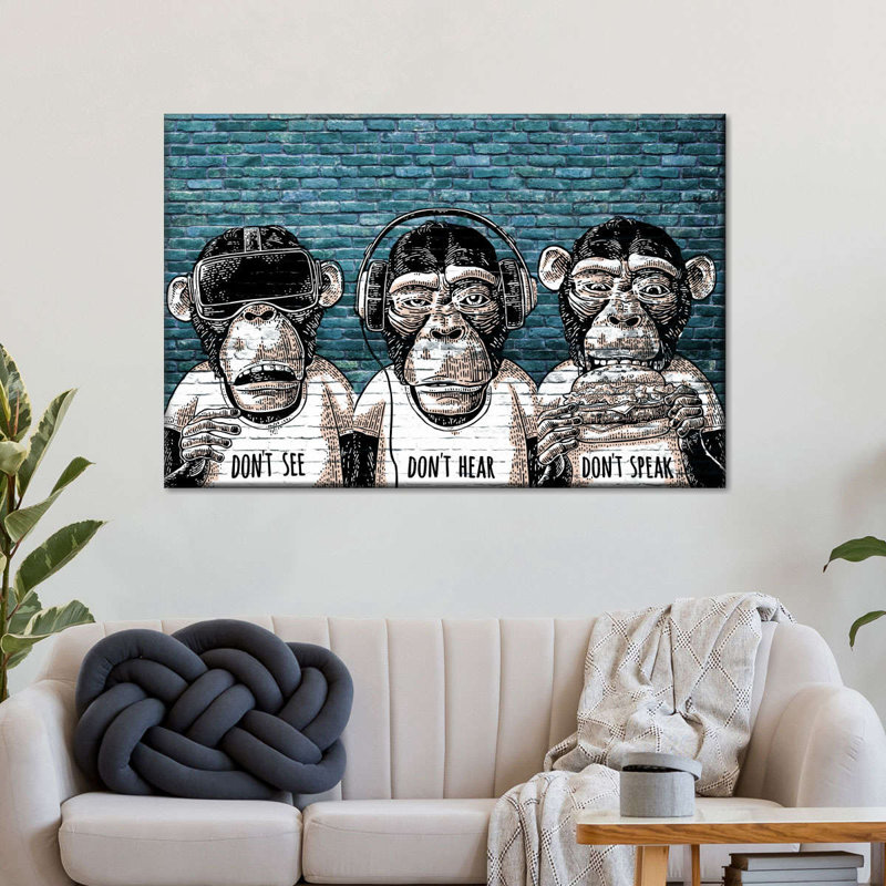 Trois singes sur toile, H 8 po x l 12 po x P 1 po