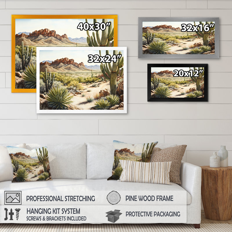 Arizona Desert V - art mural occidental, Cadre doré simple, H 12 po x l 20 po x P 1 po