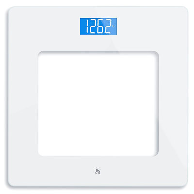 Pèse-personne numérique plus grand et plus grand, design minimaliste moderne, pèse-personne compact en verre trempé avec écran ACL rétroéclairé, capacité de 400 lb, blanc