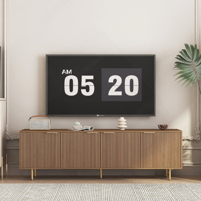 Meuble télé moderne en bois cannelé de 68 po en T, centre de divertissement avec portes de rangement, meuble télé console, pour téléviseur de 55 po et plus, salon