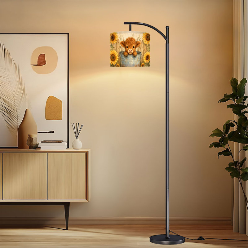 Lampe sur pied à arc avec abat-jour réglable Highland Cow Cows Retro Art Sunflower Bucket Lampadaire