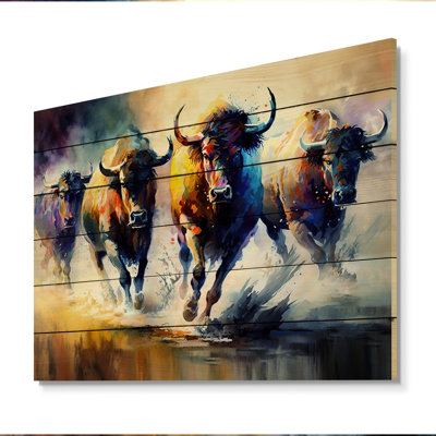 Buffalos Running - Animals Buffalo Black Wood Print