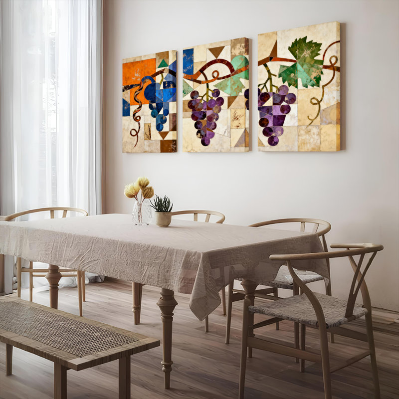 Ensemble de 3 toiles murales abstraites en mosaïque représentant des vignes, H 24 po x l 48 po