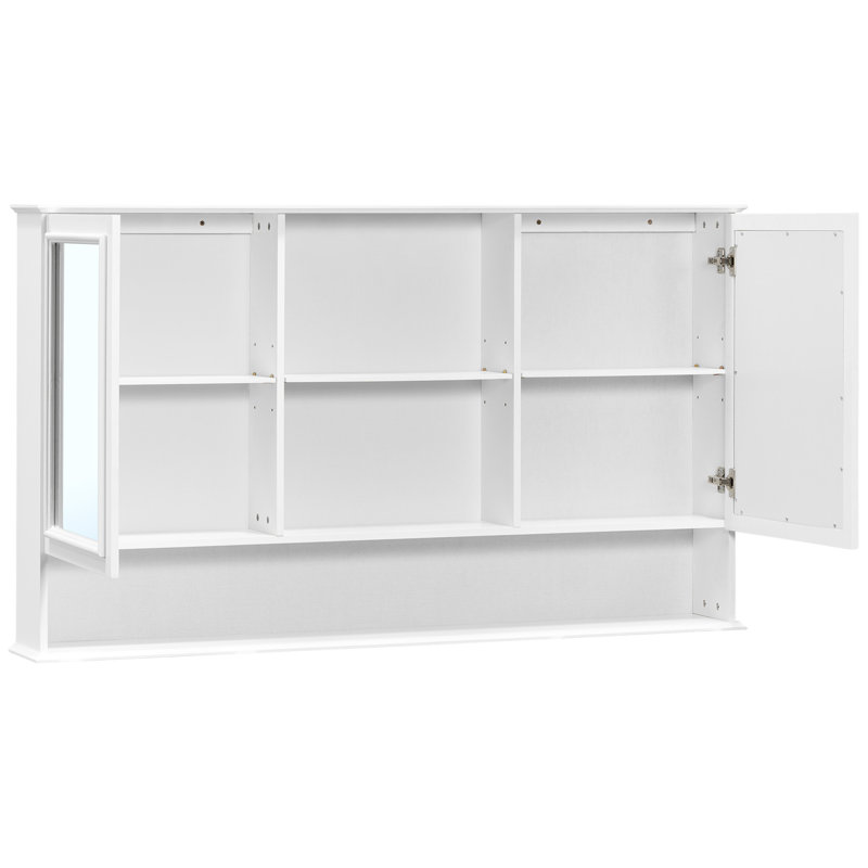 [Vidéo] Armoire à pharmacie murale de 60 po avec portes à double miroir, tablettes réglables, rangement ouvert, charnières à fermeture en douceur, blanc