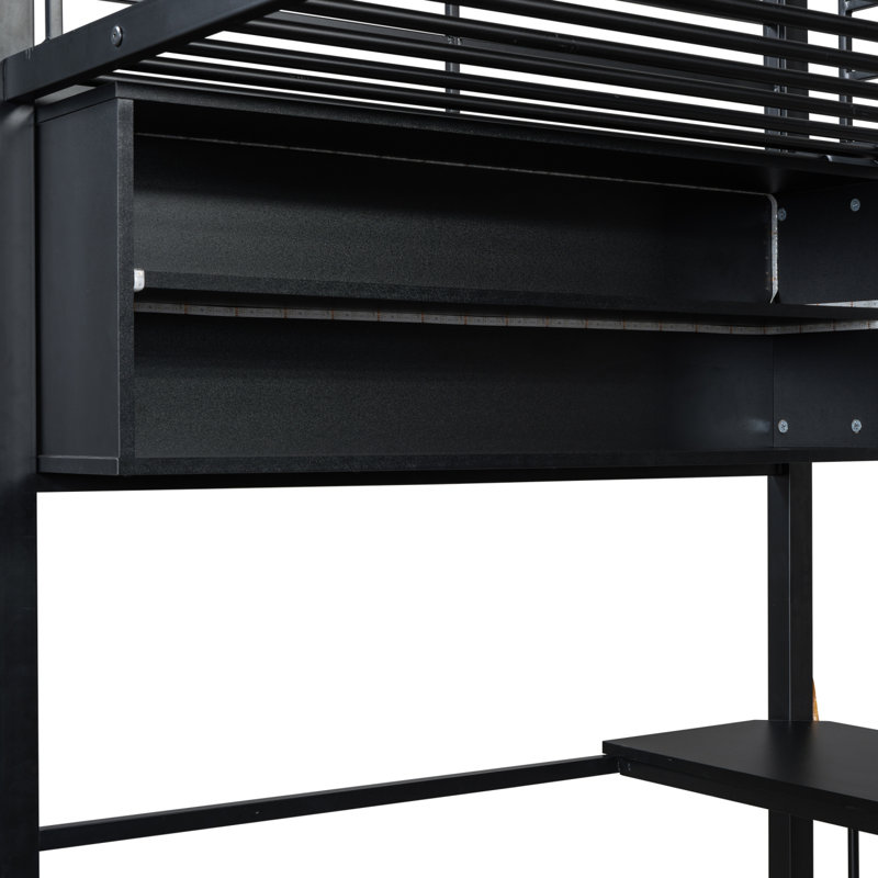 Lit mezzanine en métal avec DEL, bureau et 4 tablettes de rangement, noir