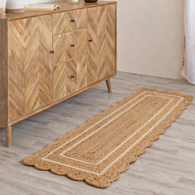 Wave Scalloped Braided Jute Runner Rug | Handwoven Reversible Boho Farmhouse Carpet for Hallway, Kitchen & Entryway | 2' x 6' | Off White & Natural