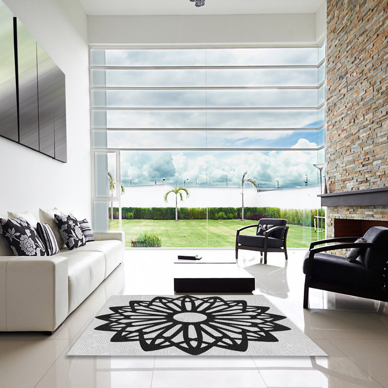 Tapis noir/blanc à motifs, Carré 4 pi