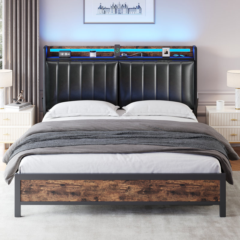 Carson Heavy Duty Metal Bed Frame With Faux Leather Adjustable Headboard & LED Lights & Charging Station, Black, Queen