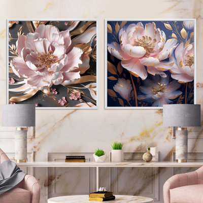 Pivoine rose fleur dorée - coquelicots carrés ensemble de 2 collages