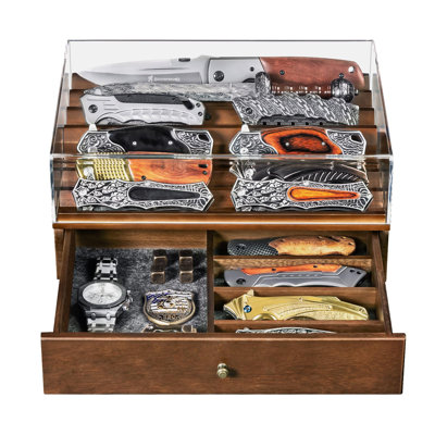 Wooden Pocket Knife Display Case with Clear Acrylic Dust‑Proof Lid, Multi‑Slot Knife Collector Storage Box with Felt‑Lined Drawer for Folding Knives, Watches and EDC Gear