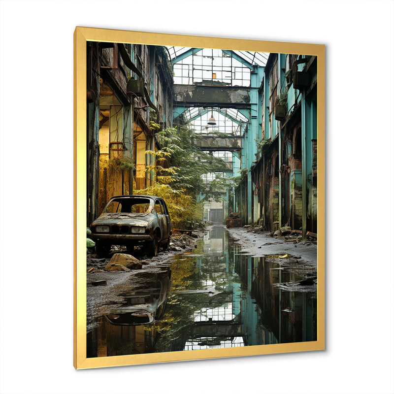 Paysage industriel, sarcelle, transformation sur toile, Cadre doré simple, H 40 po x l 30 po x P 1,5 po