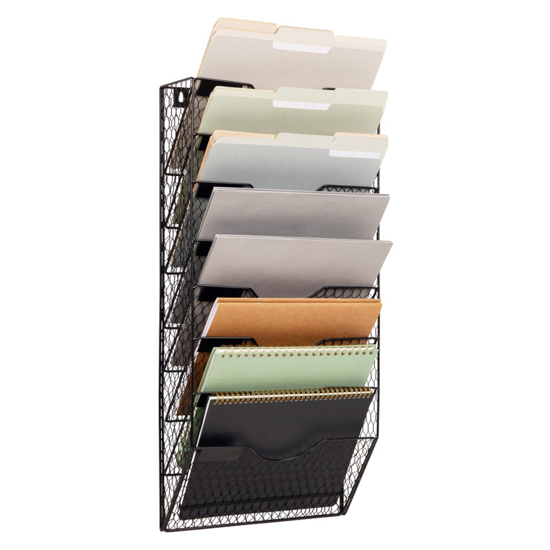 Organisateur de dossiers mural Mind Reader, porte-documents en treillis métallique à 8 niveaux avec fentes pour étiquettes, support de rangement vertical pour le bureau, le courrier et les dossiers, noir