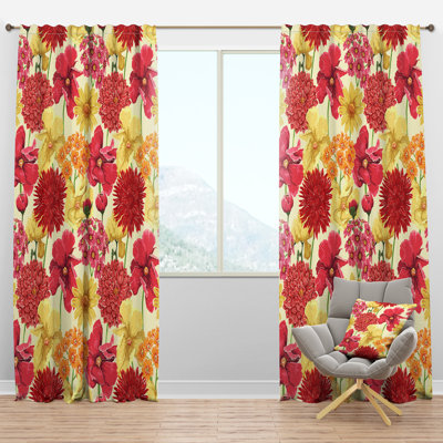 Red, Pink and Yellow Flowers - Floral Curtain - Velvet Room darkening - 1 panel