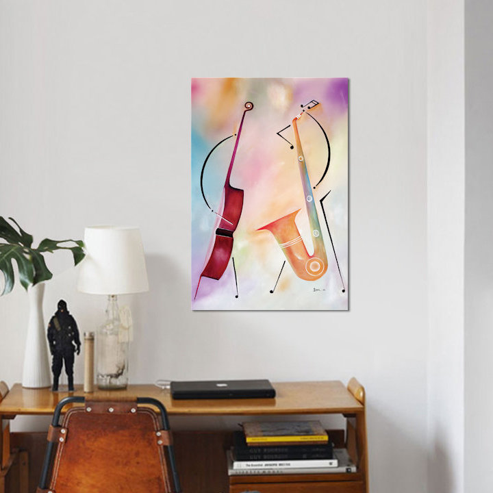 « bass et sax », impression sur toile, H 12 po x l 8 po x P 0,75 po, Toile tendue, Pas de tapis