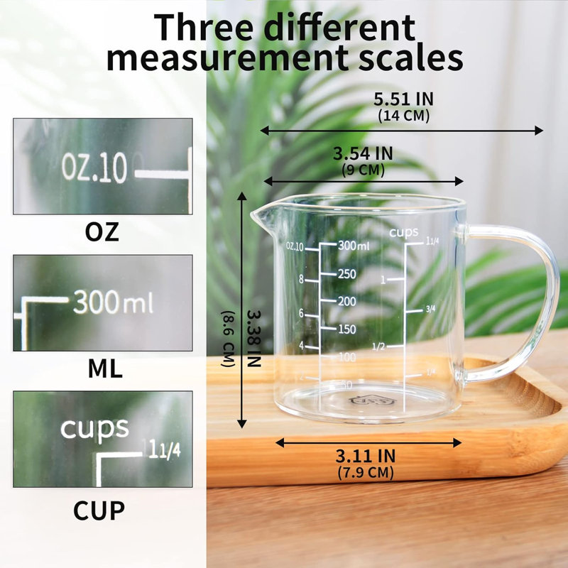 Tasse à mesurer en verre, 300 ml (0,3 litre) en borosilicate, bec en forme de V, 3 balances