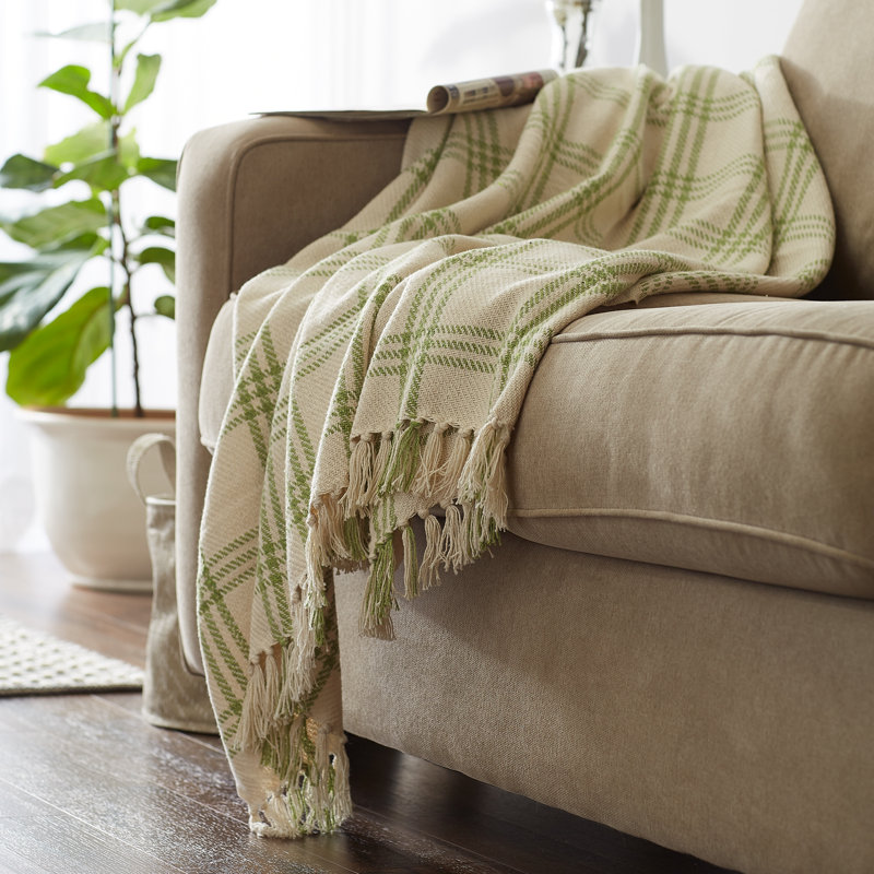 Antique Green Woven Cotton 50x60" Fringe Throw Blanket