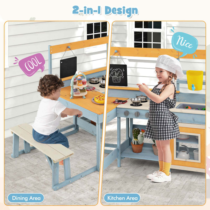 Mud Kitchen With Kids Picnic Table Built-in Bench Blackboard Water Box Sink