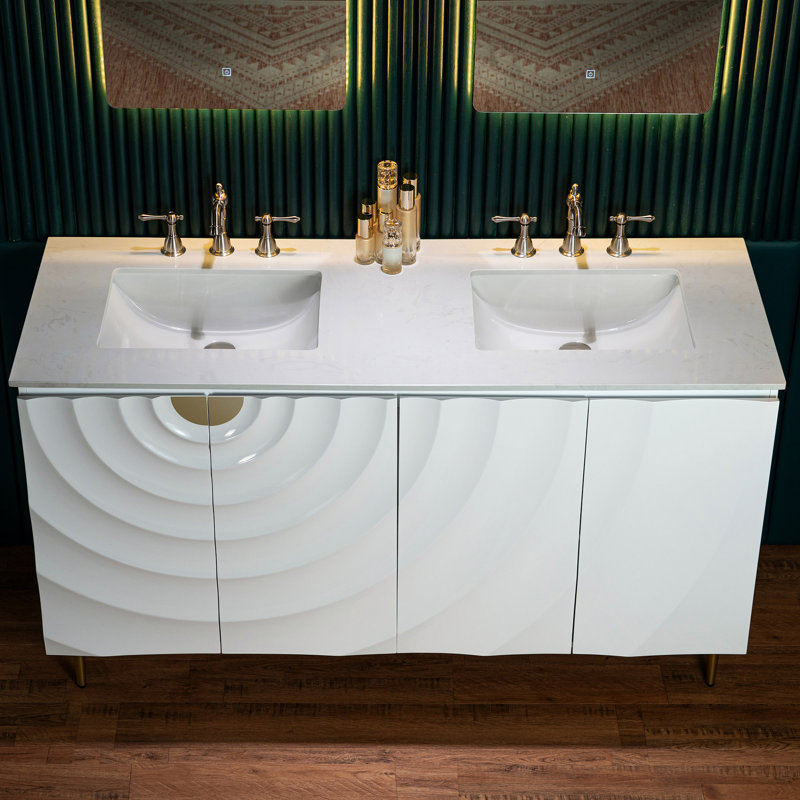 Meuble-lavabo blanc de 60 po x 22 po avec double lavabo encastré en céramique Eden, plateau de meuble-lavabo en pierre d'ingénierie blanche - portes à motif ondulé 3D, cadre élégant aux pieds minces, peu encombrant pour une vie moderne
