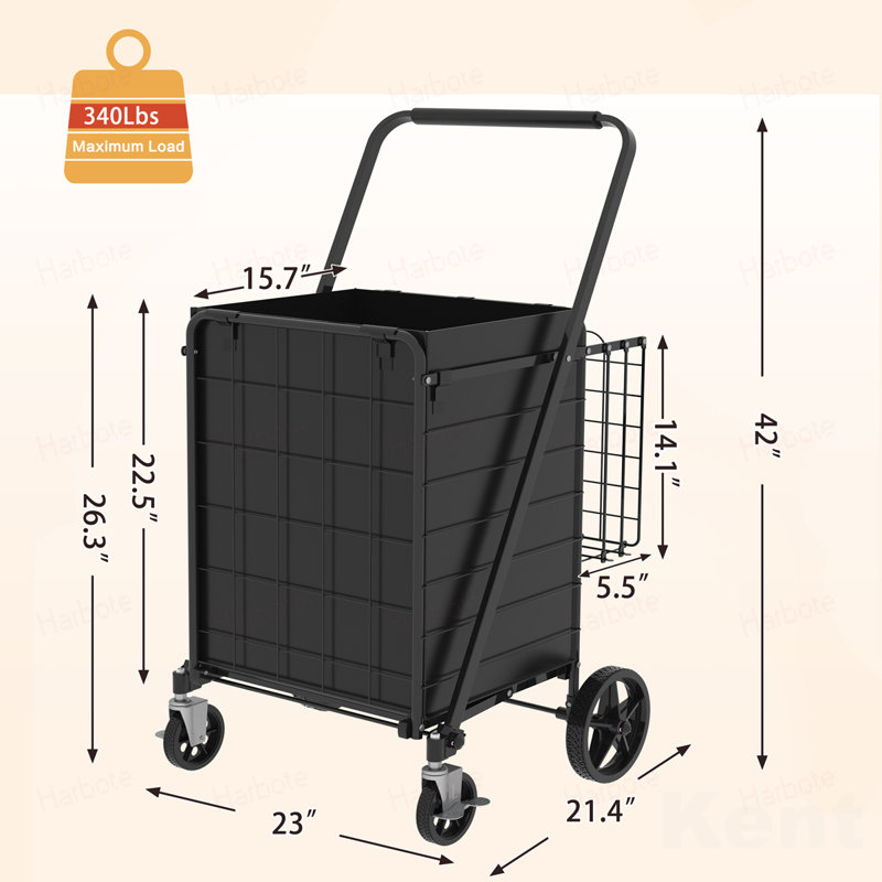 Large Shopping Cart with Brake,Grocery Cart on Wheels, Foldable Utility Shopping Carts with Double Basket and 360° Rolling Swivel Wheels for Groceries Laundry