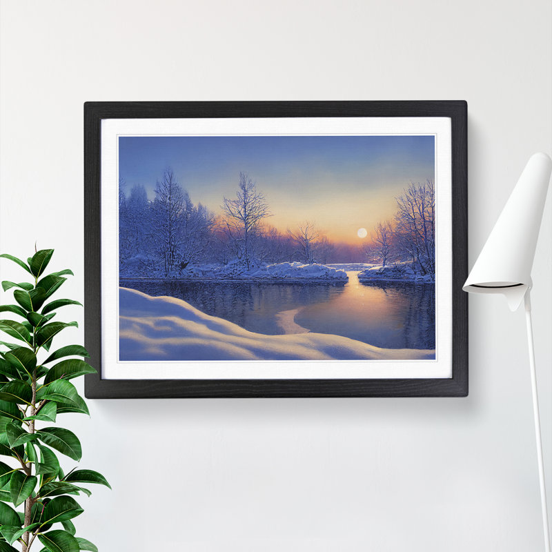 XH1022-10184X Winter Forest Lake Sunrise - Single Picture Frame Print, Black, 46cm H x 64cm W x 2cm D