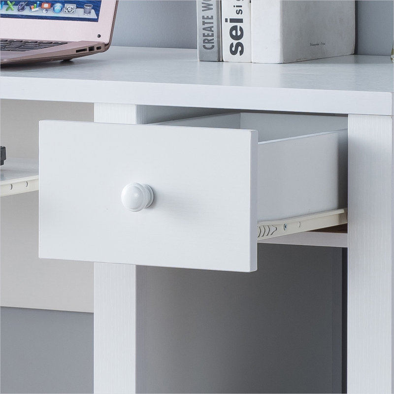 Bureau d'écriture compact de 39 pouces avec huche en finition blanche, panneau de fibres à densité moyenne et panneau de particules, tiroir à clavier, 5 tablettes