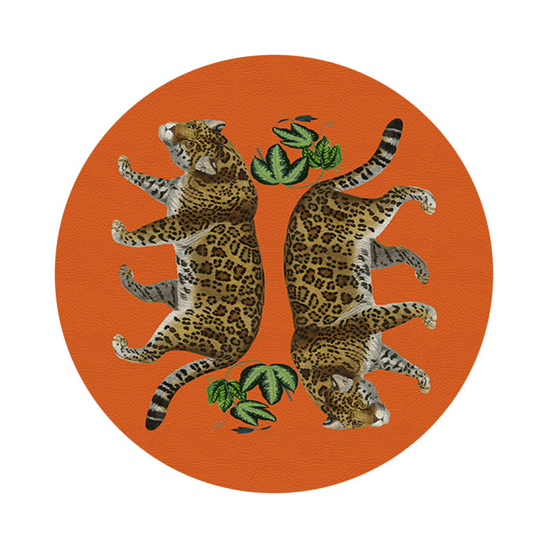Leopard Seeing Double Evergreen Vegan Leather Round Coasters, Orange