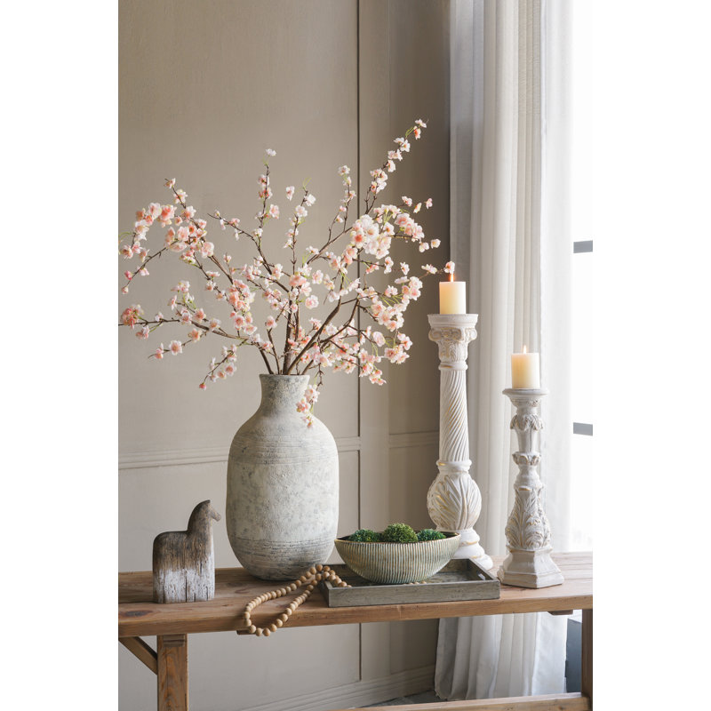 8.5x8.5x28.5" Ornate Magnesium Candle Holder with Distressed White Finish and Gold Details